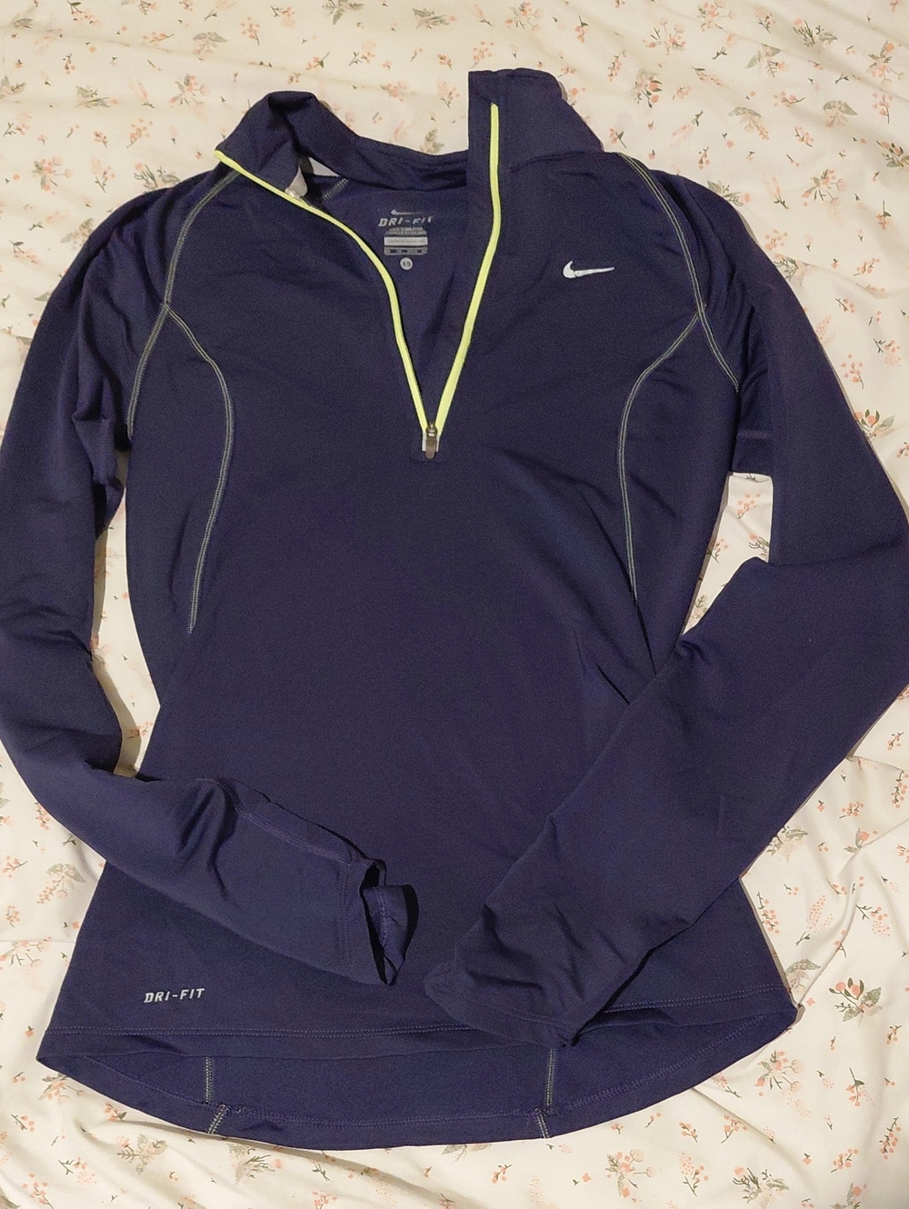 Nike Women's Navy Quarter-Zip Dri-FIT Pullover with Neon Yellow Trim